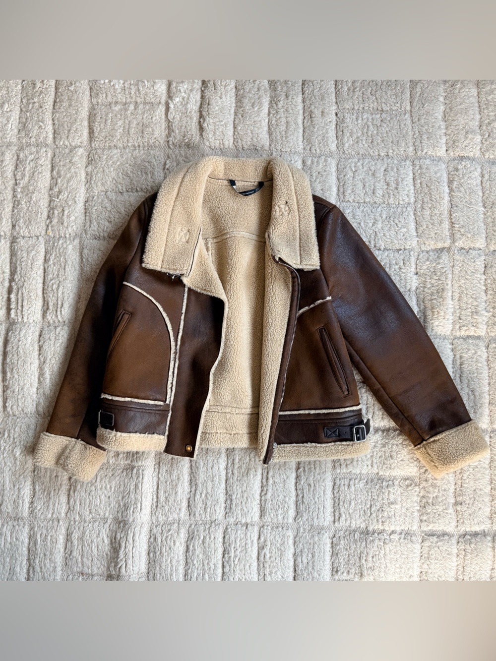 Zara TRF Double-Faced Biker Jacket in Chocolate/Ecru